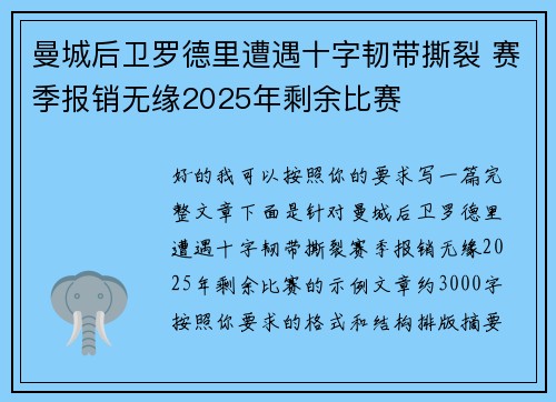 曼城后卫罗德里遭遇十字韧带撕裂 赛季报销无缘2025年剩余比赛